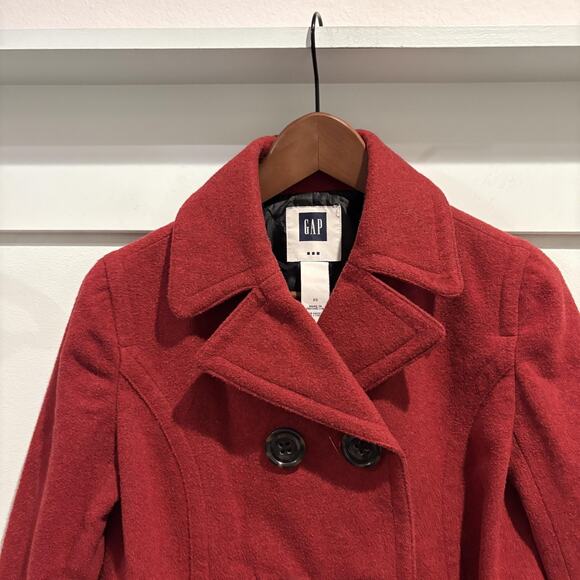 Gap Coat Womens XS Red Wool Blend Peacoat Double‎ Breasted Lined Pockets Short - Picture 3 of 12